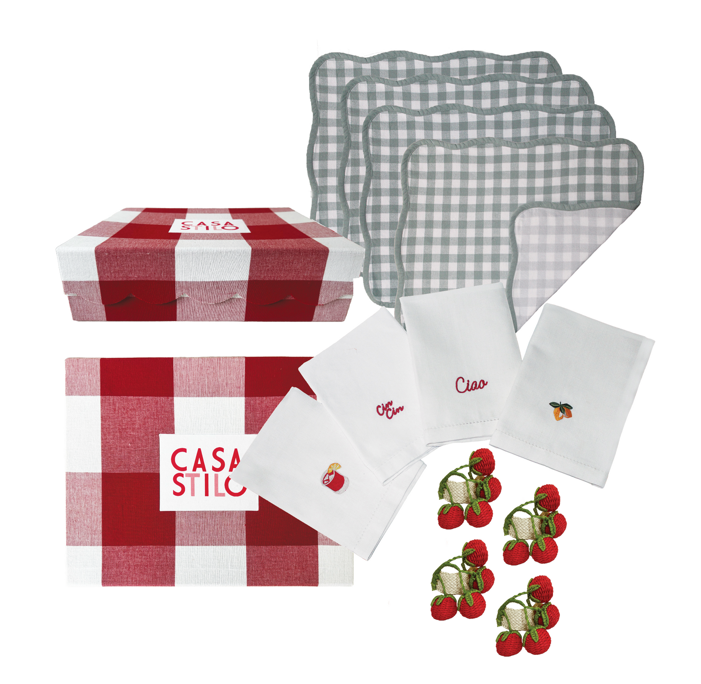 Hostess box set set of 4 linen napkins, set of 4 tomato napkin rings, set of 4 reversible placemats and fabric lined keepsake box