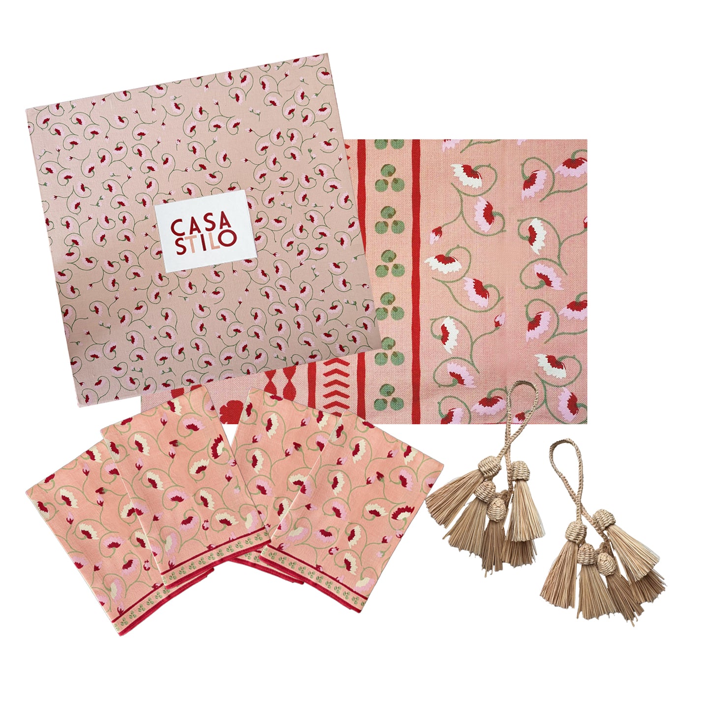 La Leccia Medium Box set with one floral tablecloth, set of 4 napkins and iraca napkin rings