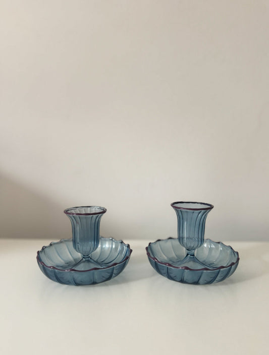 Pair of blue, fluted candle holders with contrasted rim 