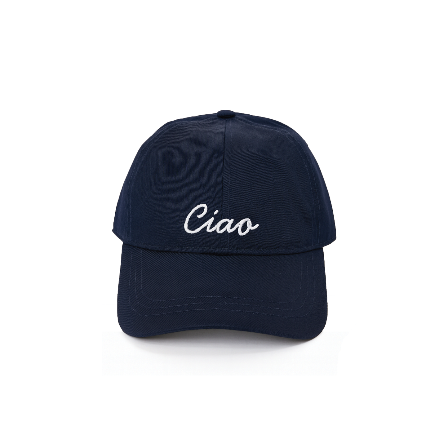 Navy blue baseball cap with embroidered 'Ciao'