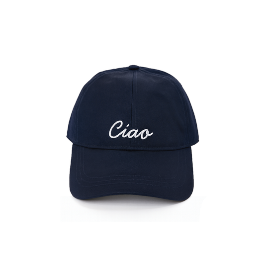 Navy blue baseball cap with embroidered 'Ciao'