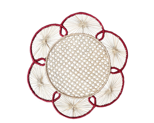 Decorative iraca, floral shaped charger in red 