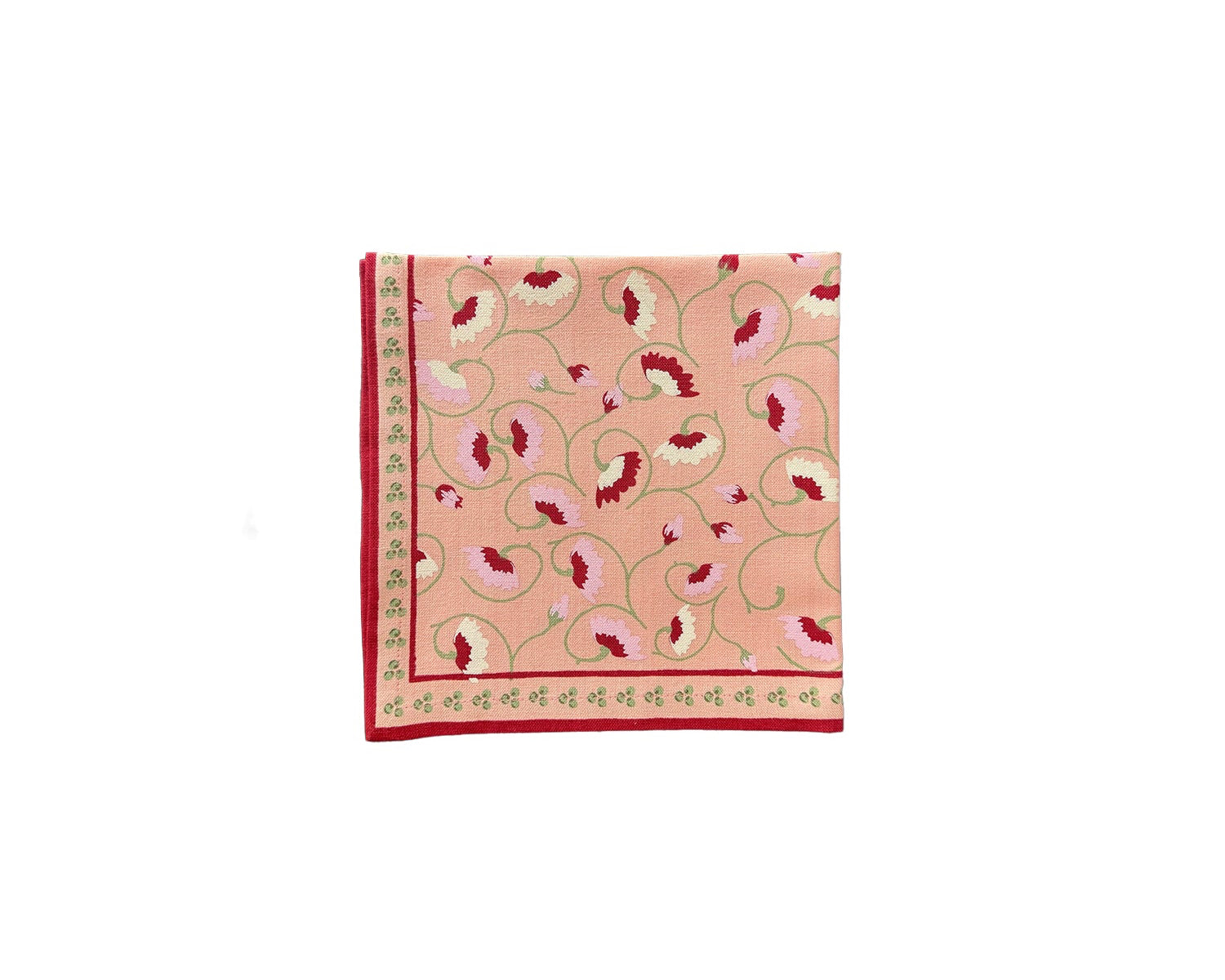 La Leccia in dark pink a floral motif on a hand screen printed cotton 
