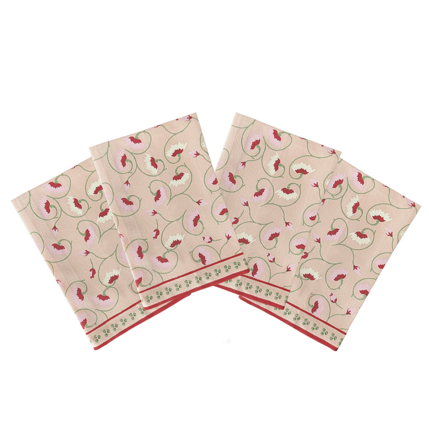 Set of 4 floral napkins, hand screen printed in India on cotton. 