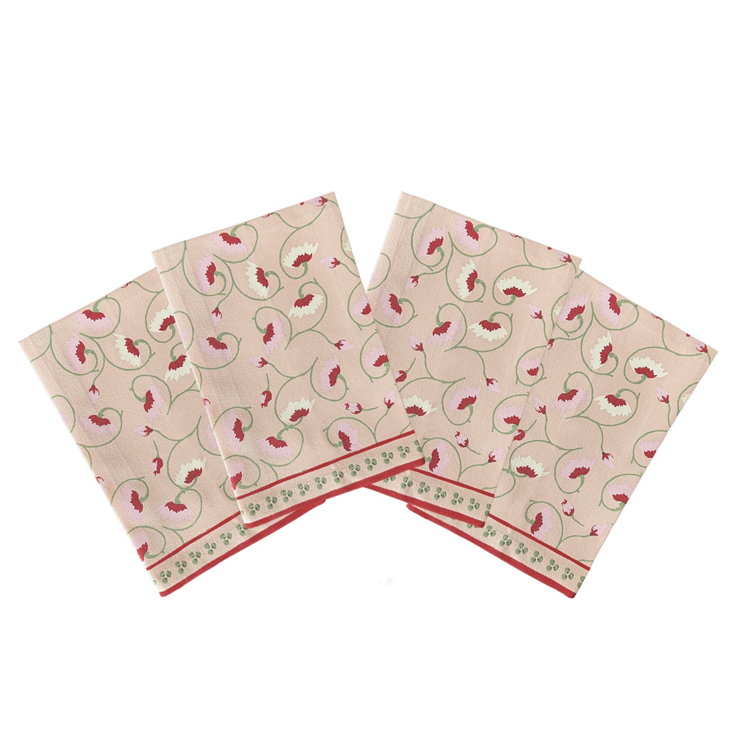 Set of 4 floral napkins, hand screen printed in India on cotton. 