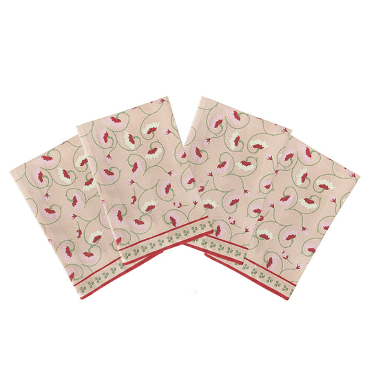 Set of 4 floral napkins, hand screen printed in India on cotton. 