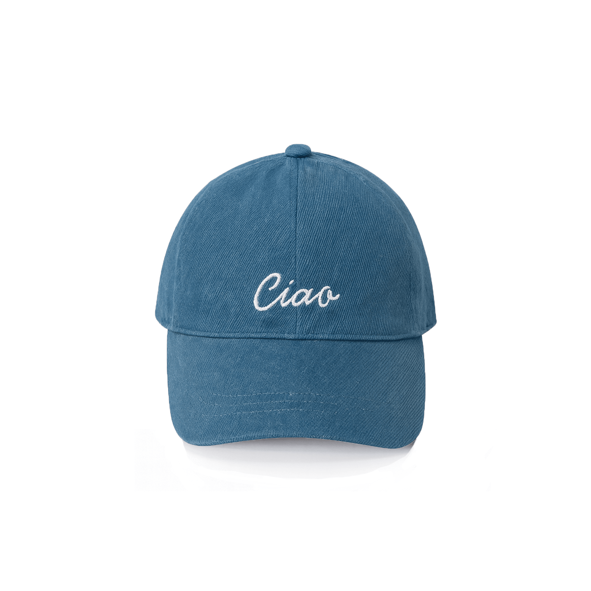 Denim baseball hat with white “Ciao” embroidery