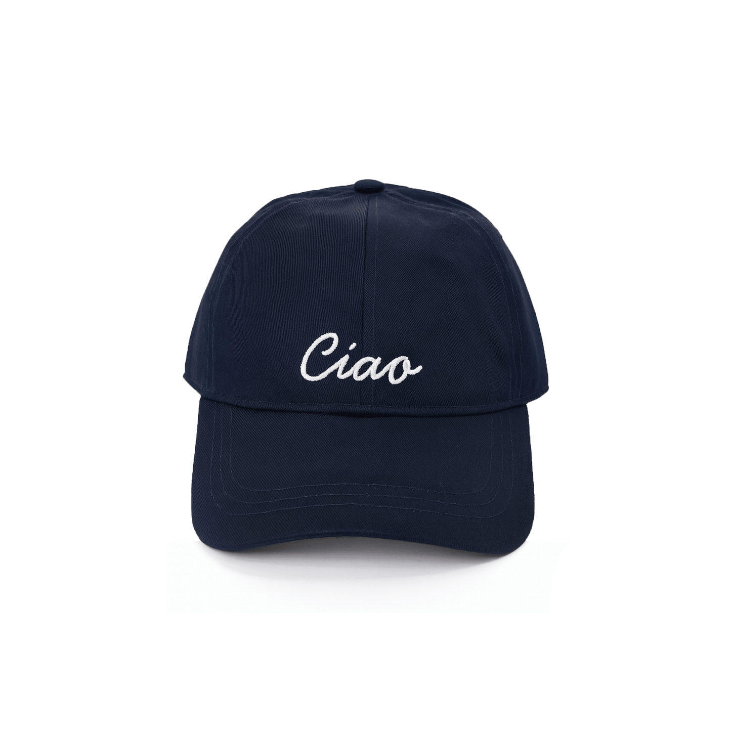 Navy baseball hat with white “Ciao” embroidery