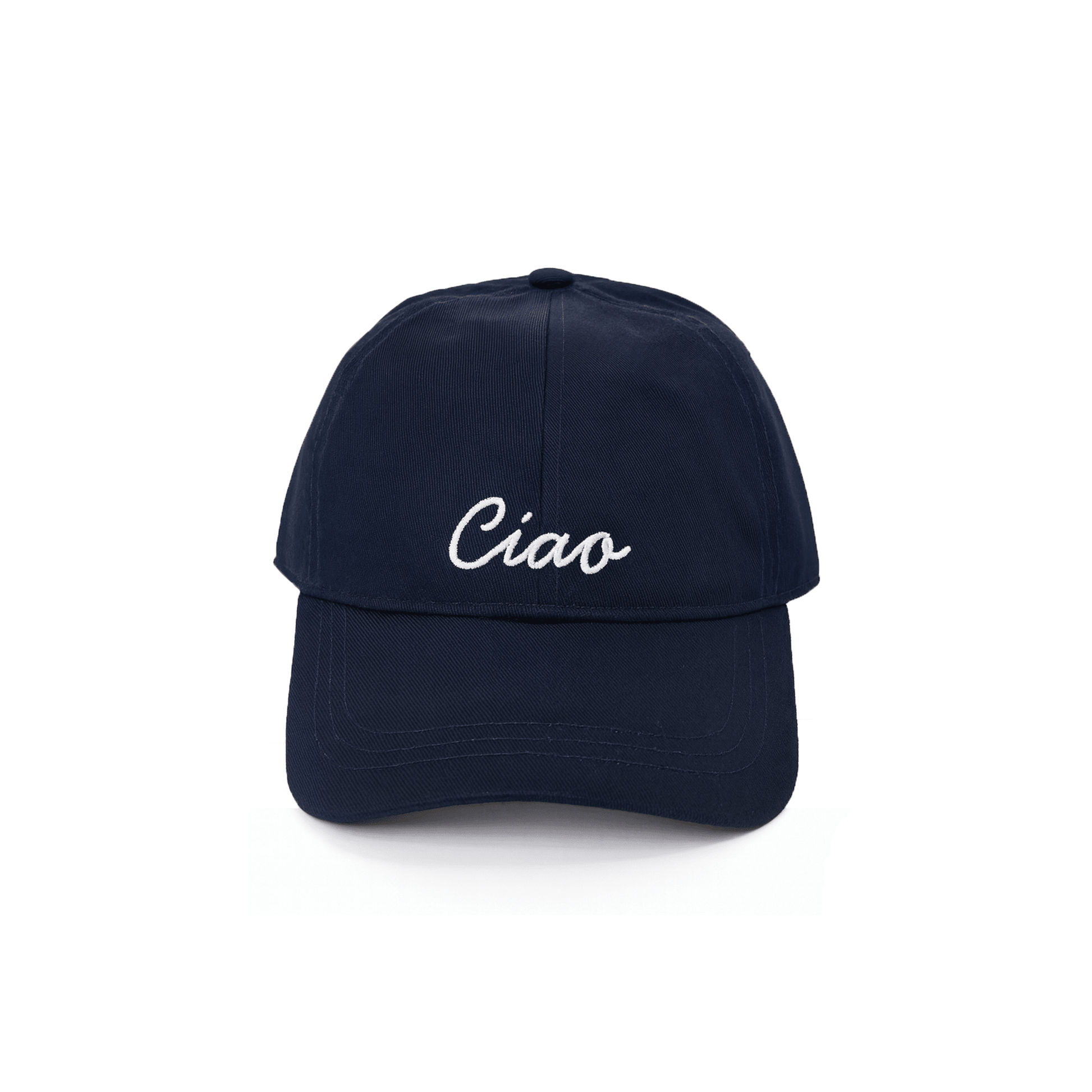 Navy baseball hat with white “Ciao” embroidery