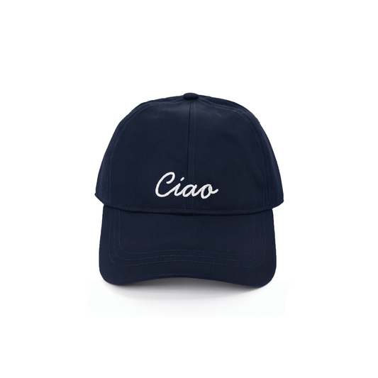Navy baseball hat with white “Ciao” embroidery