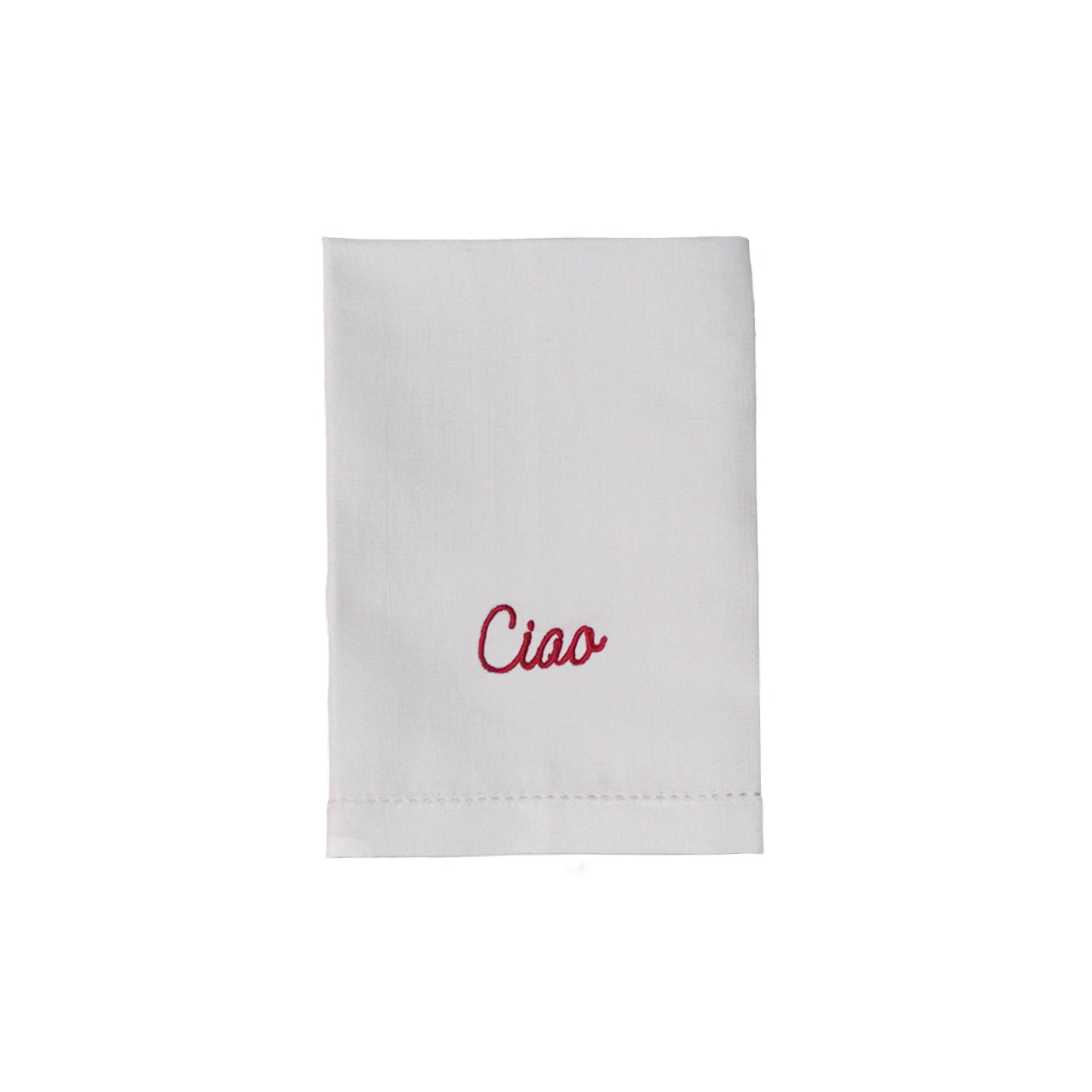 “Ciao” embroidered linen dinner napkin with hemstitch border