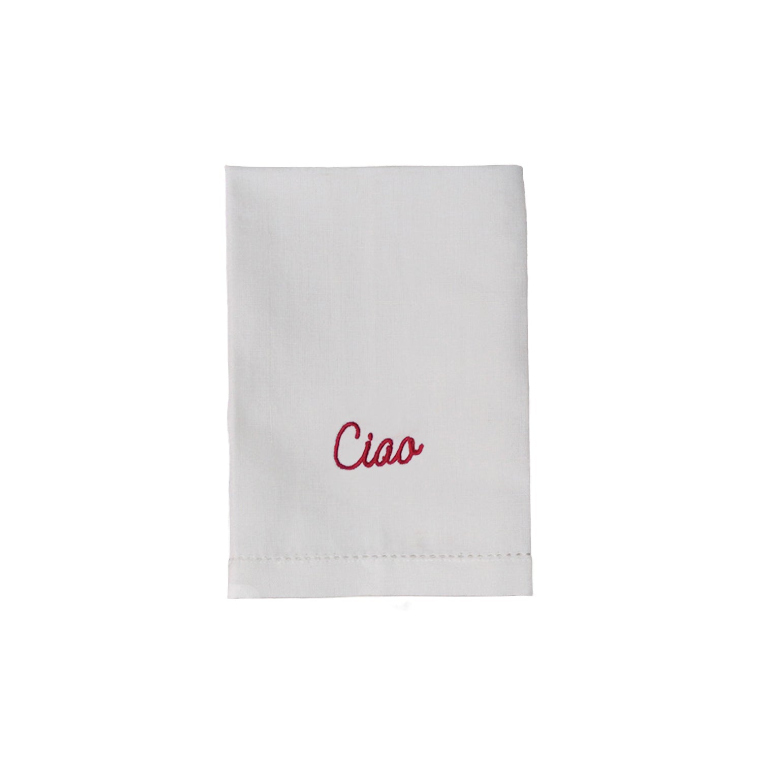 “Ciao” embroidered linen dinner napkin with hemstitch border