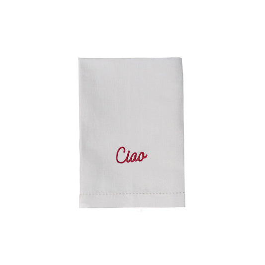 “Ciao” embroidered linen dinner napkin with hemstitch border