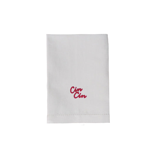 “Cin Cin” embroidered linen dinner napkin with hemstitch border