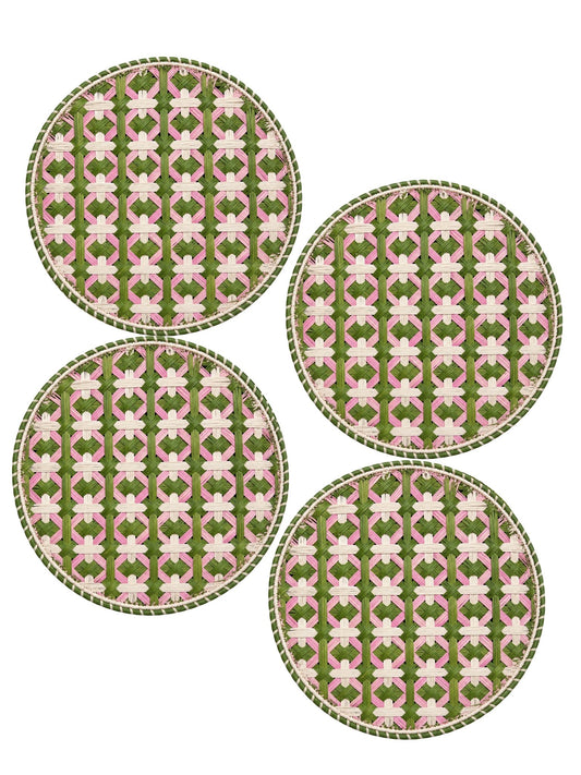 Artisan-made pink charger placemat handwoven from iraca palm