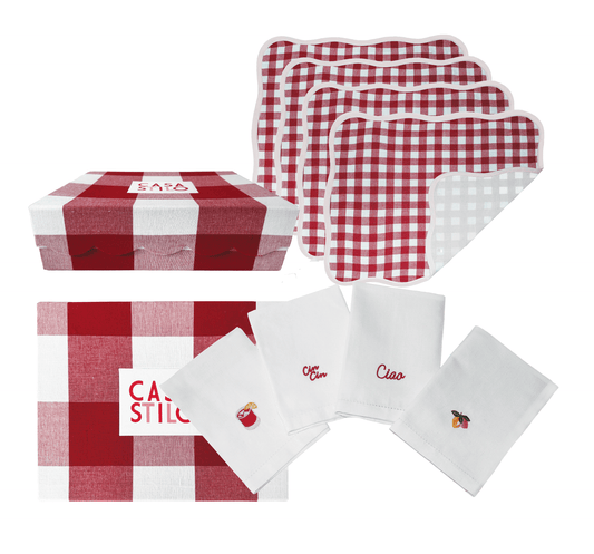 Giardino red tableware box set with placemats and napkins