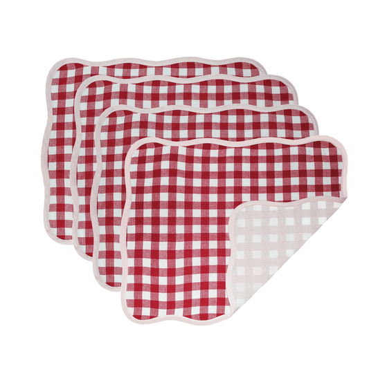 Casa Stilo holiday entertaining gift box with set of 4 Gingham Red and Pink, scalloped placemats