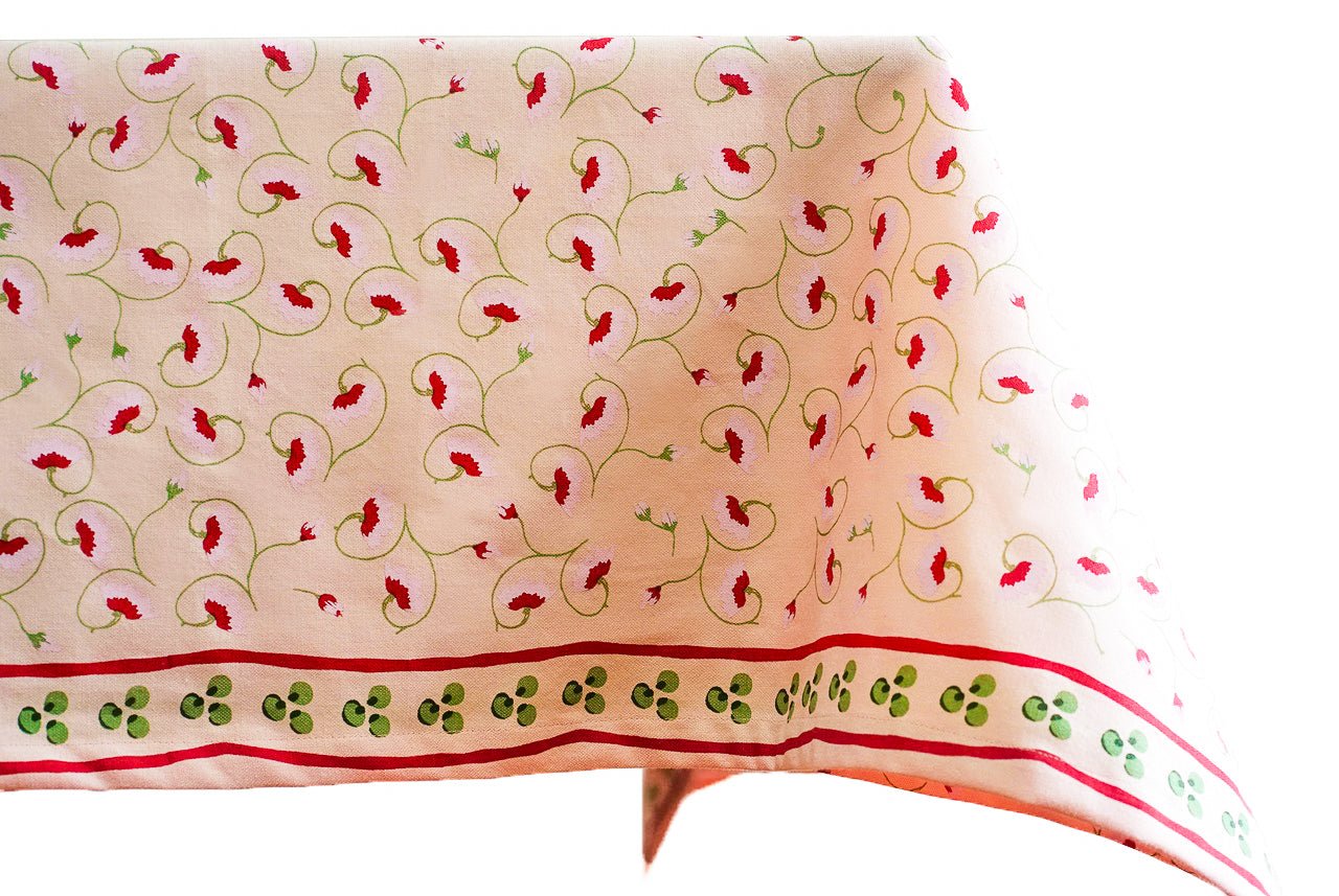 Light pink floral tablecloth hand screen-printed on cotton