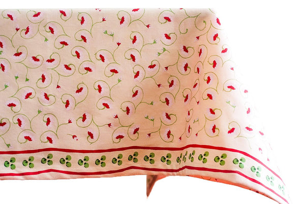 Light pink floral tablecloth hand screen-printed on cotton