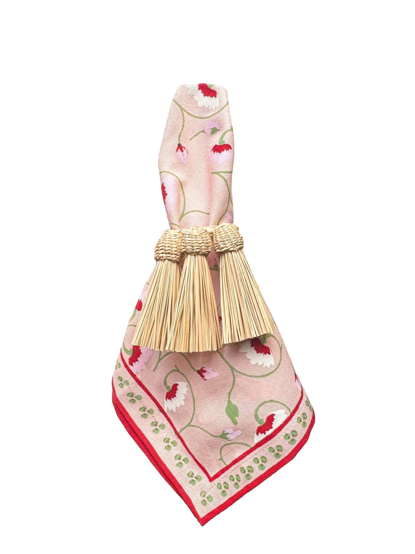 Woven napkin rings with raffia tassels for tabletop styling