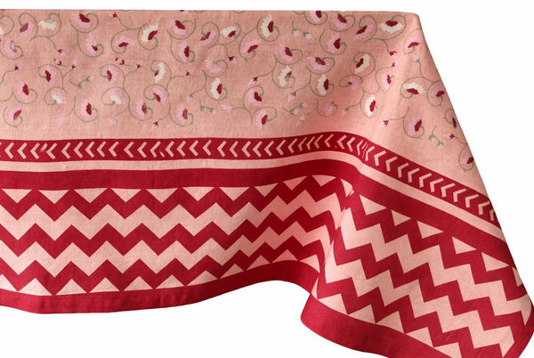 Dark pink zig zag tablecloth hand screen-printed on cotton