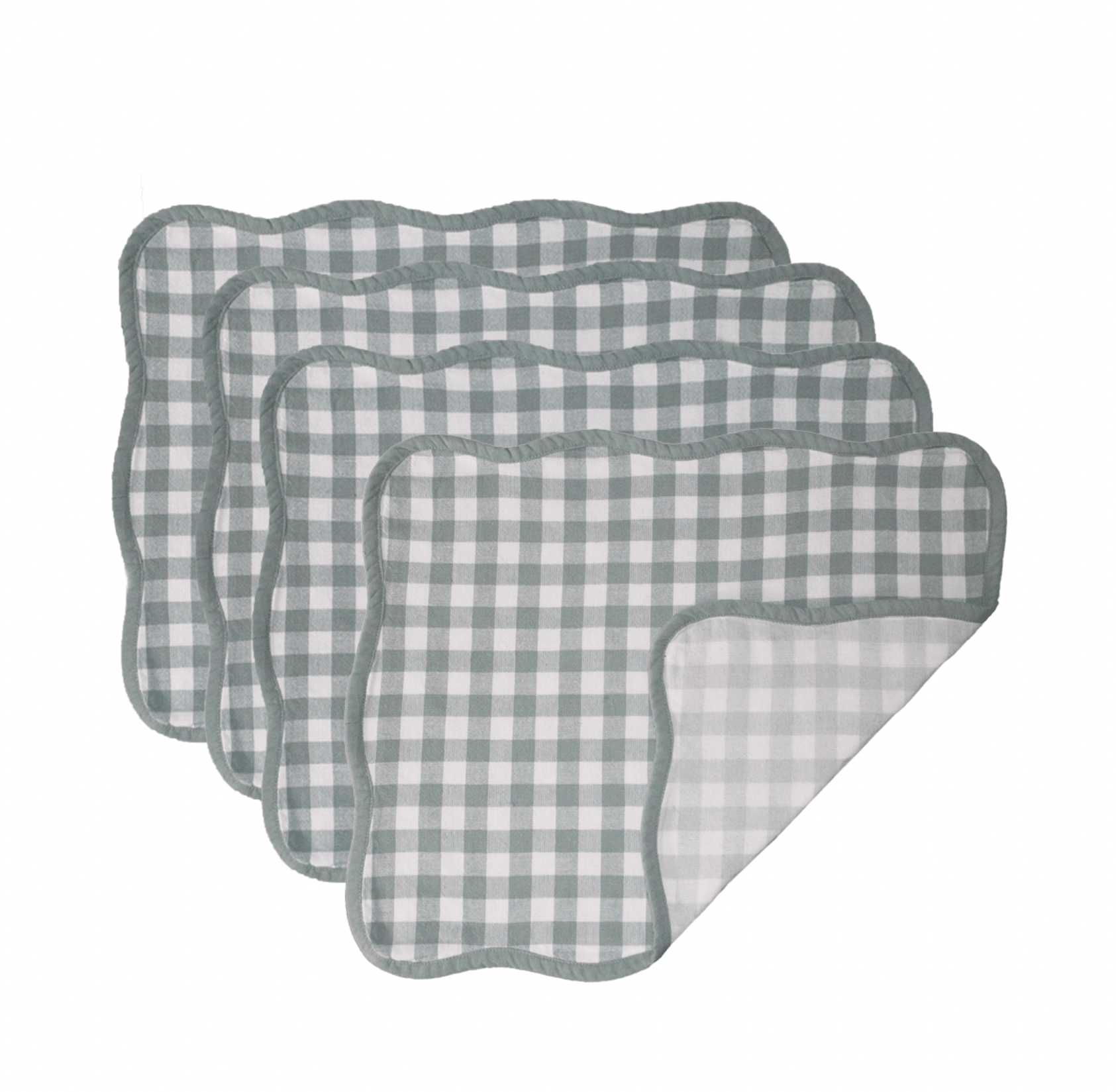 Reversible gingham placemats with scalloped trim in red, blue, and green cotton