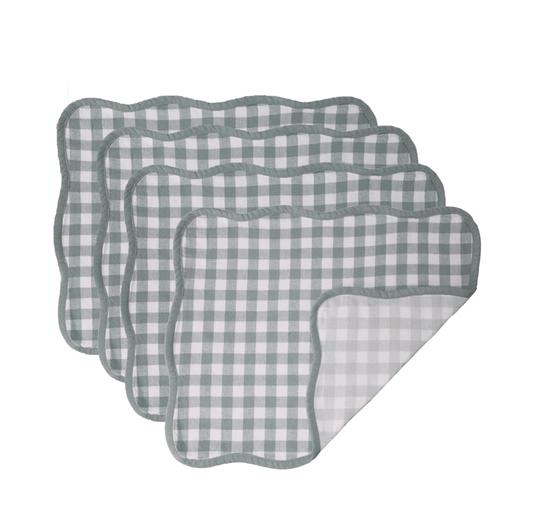 Reversible gingham placemats with scalloped trim in red, blue, and green cotton
