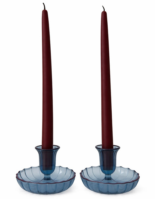 Blue glass tapered candle holders with hand-painted contrast edge