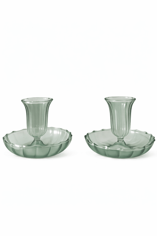 Green fluted borosilicate glass candle holders with ribbed detail